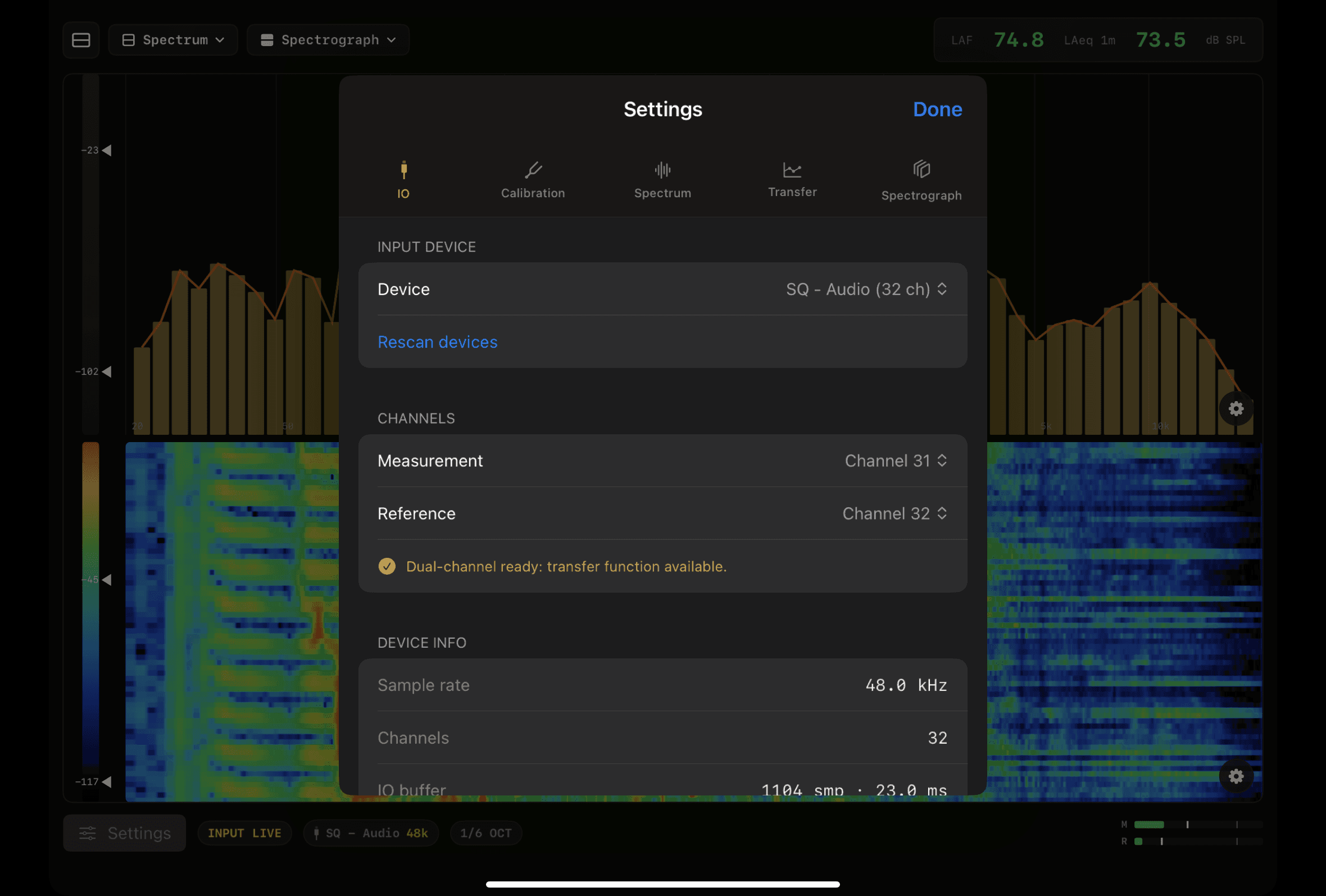 IO settings with a 32-channel interface and measurement/reference routing