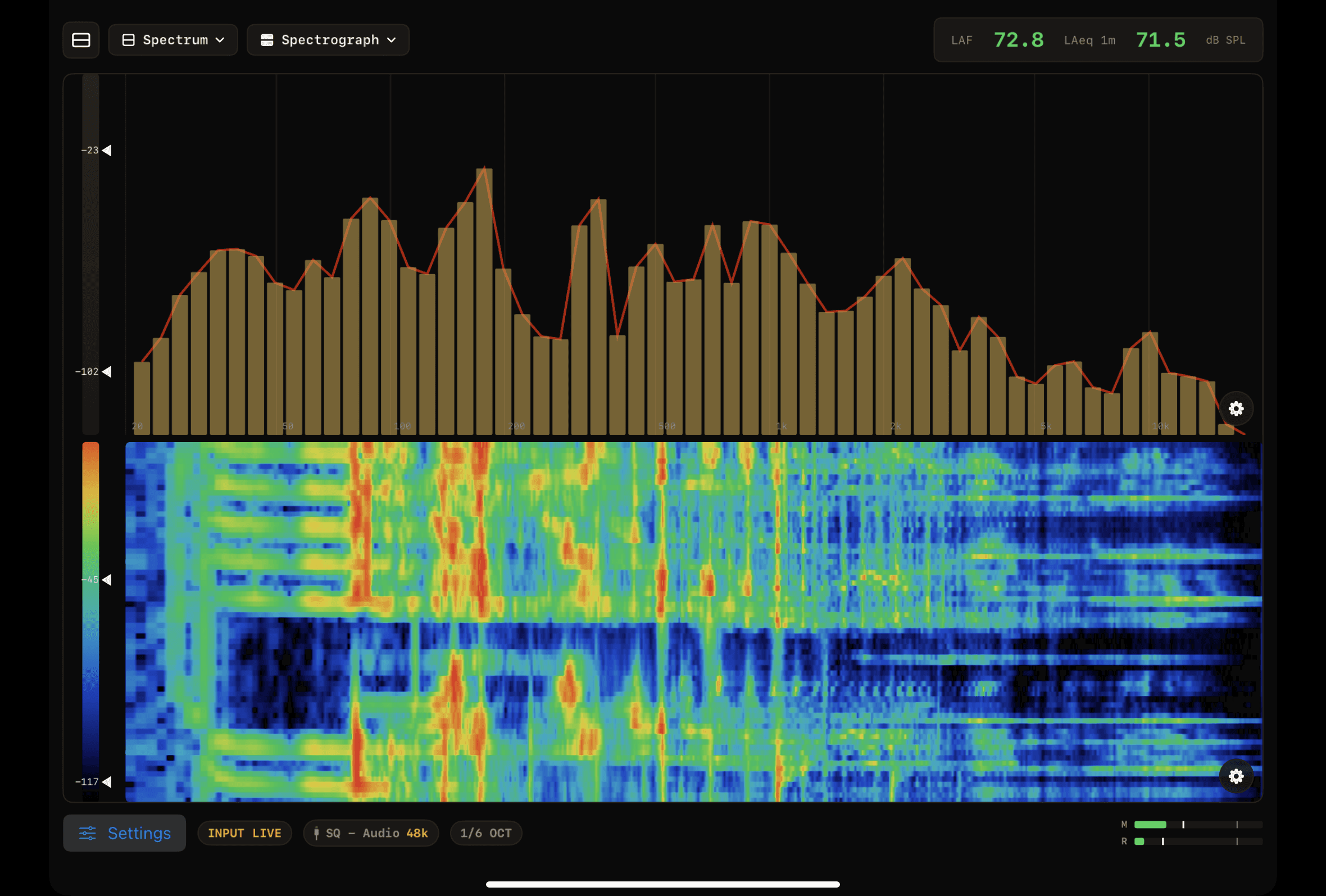 Fractional-octave spectrum over a scrolling spectrograph