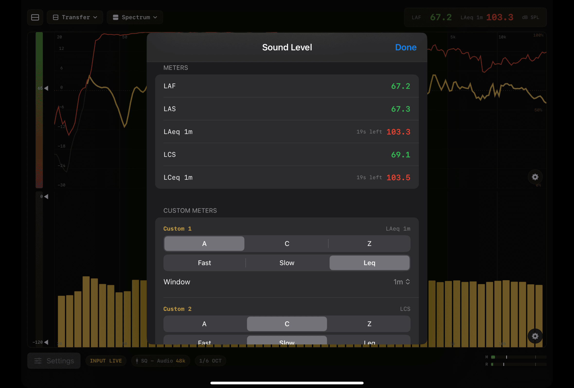 Sound-level meter suite: LAF, LAS, LAeq, LCS, LCeq and custom meters