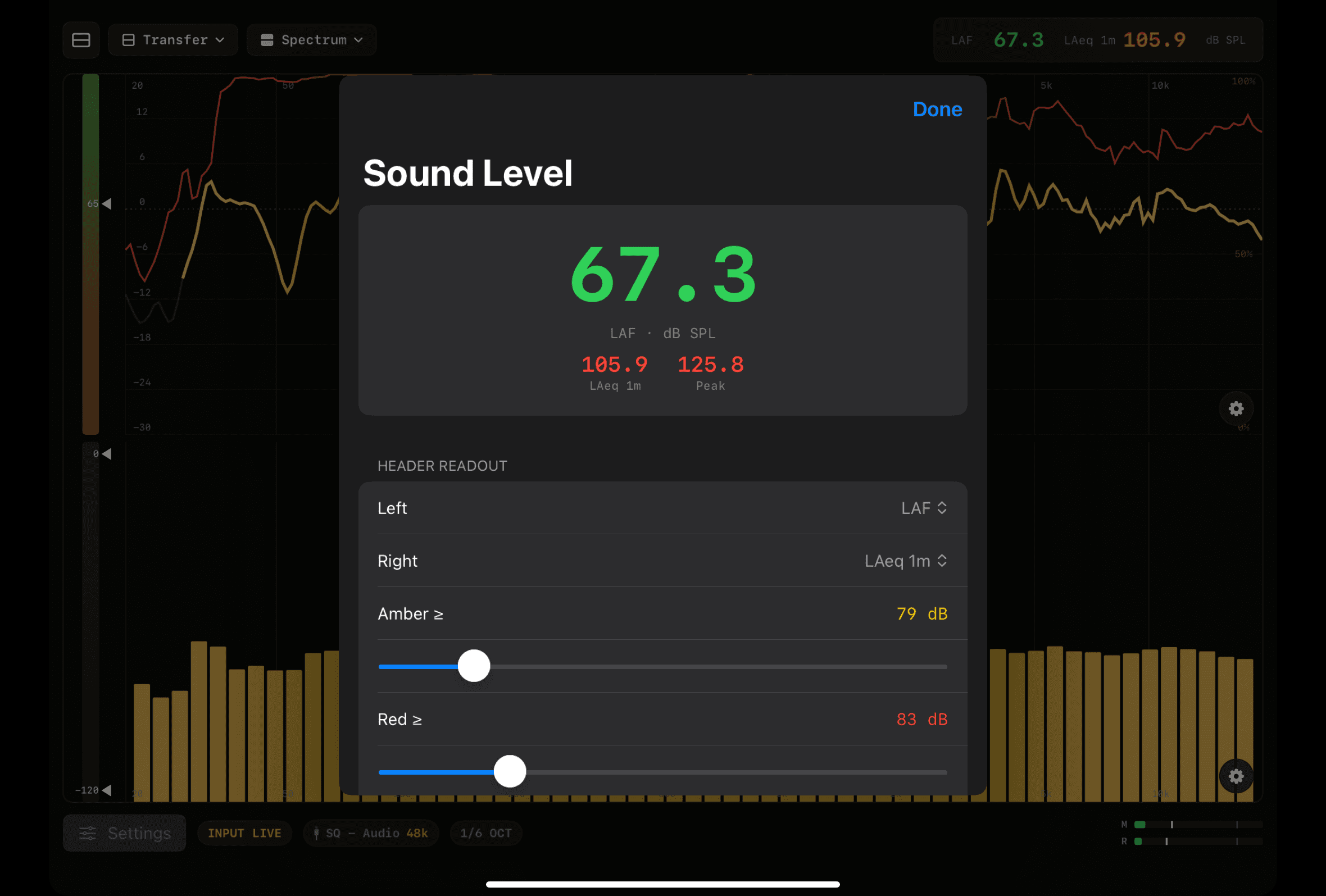 Sound-level detail with header-readout selection and colour thresholds