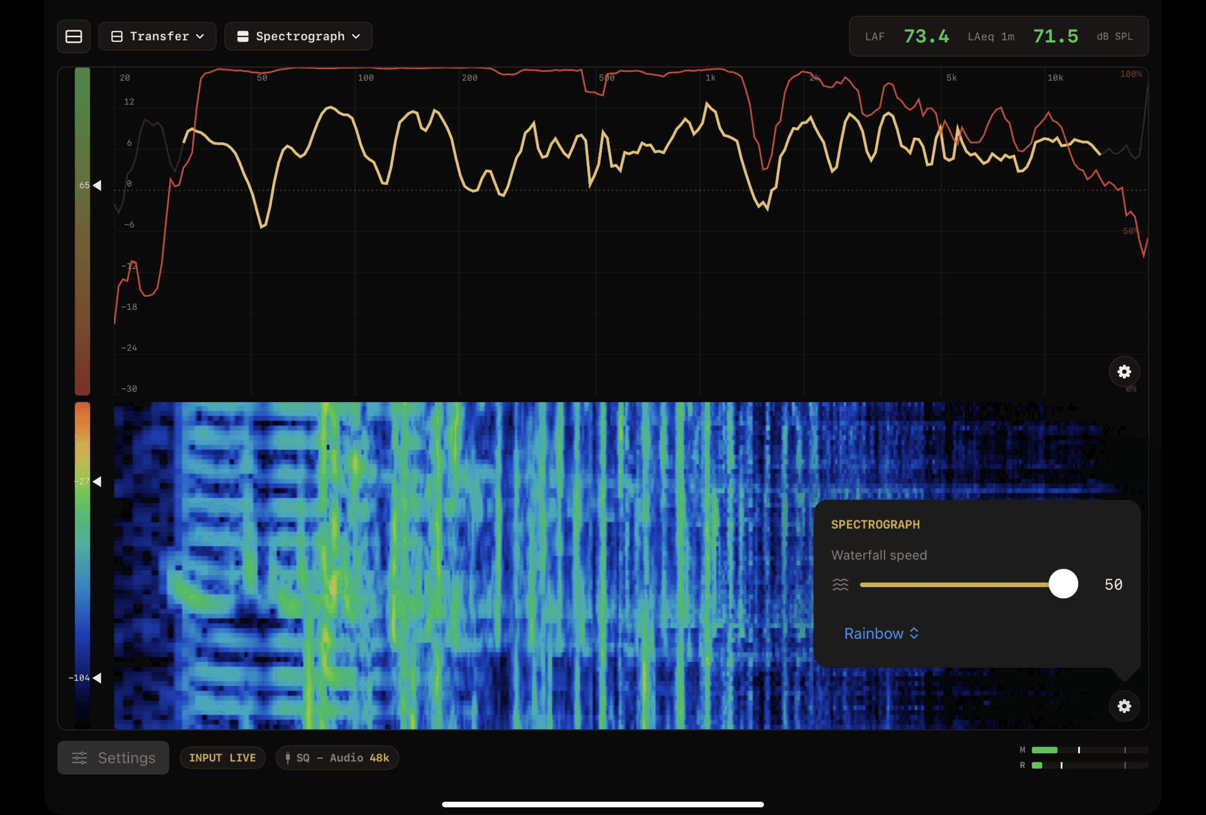 Transfer function above a spectrograph with the waterfall controls open
