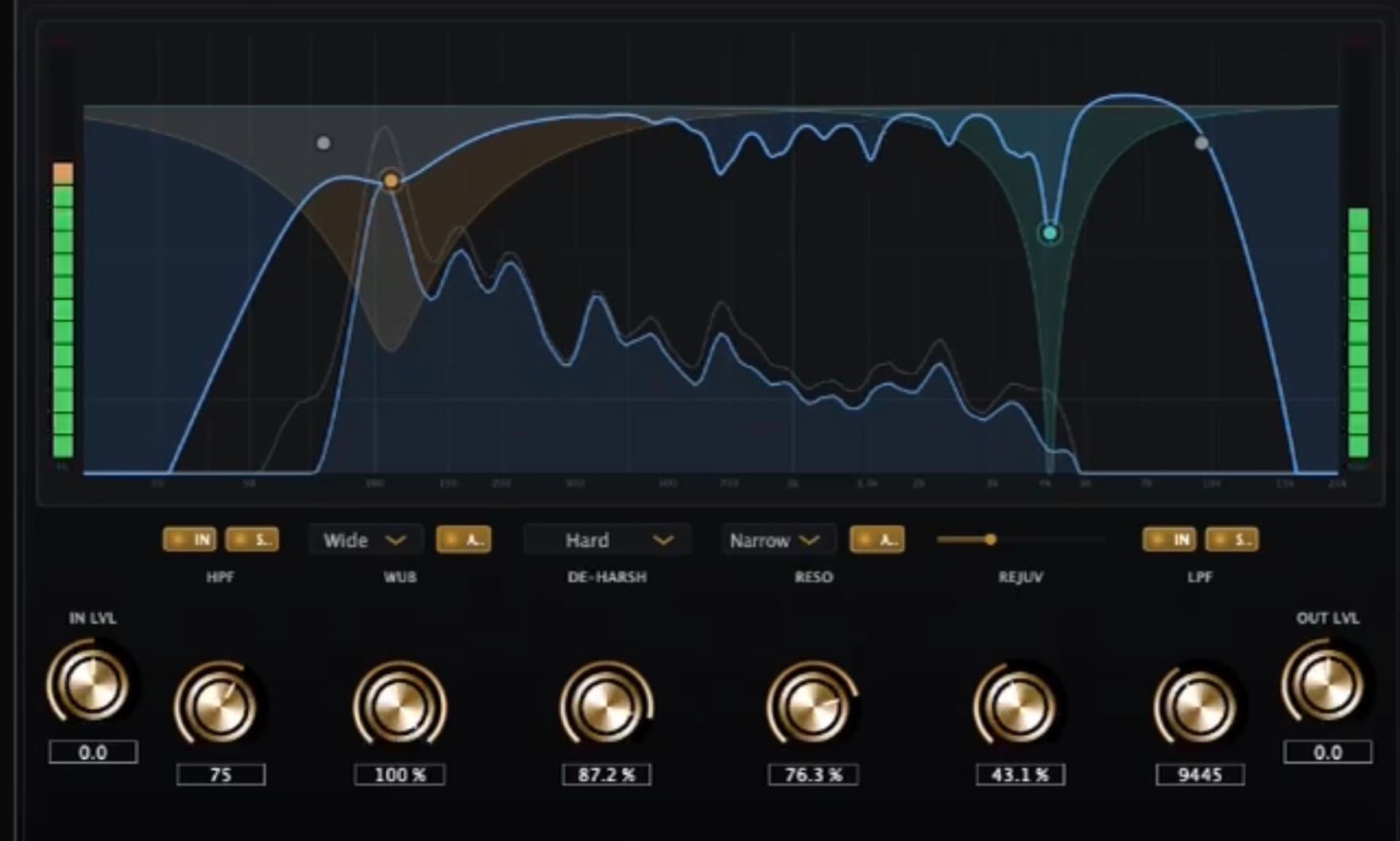 Tremor Guitars: the interactive spectrum with input and output traces and moving cleanup nodes, over the HPF, Wub, De-Harsh, Reso, Rejuvenate and LPF controls